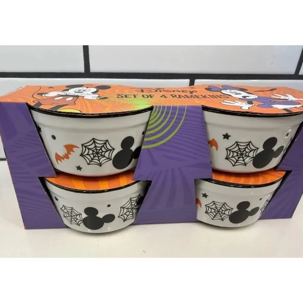 Disney Mickey Mouse Halloween Spiderwebs bats Set Of 4 Baking Ramekins White NEW